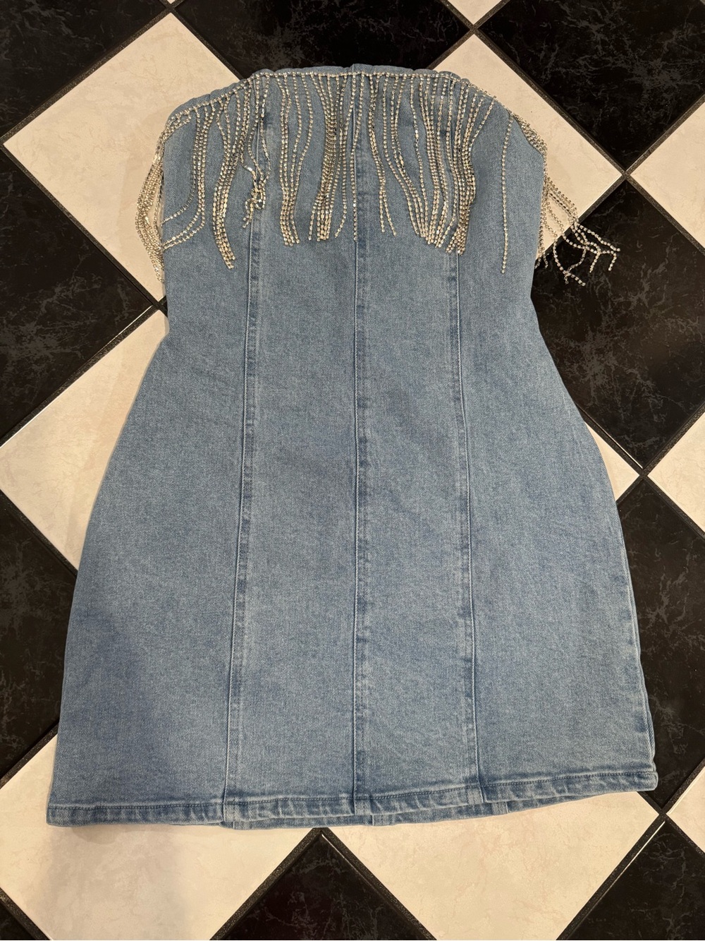12th Tribe Denim Mini Dress with Rhinestone Fringe - Picture 2 of 7